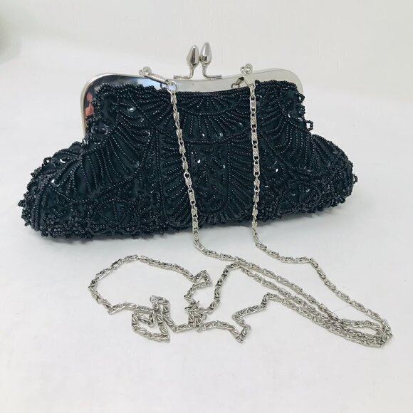Black Beaded Silver Kisslock Frame Chain Shoulder Evening Bag Purse - Picture 1 of 5